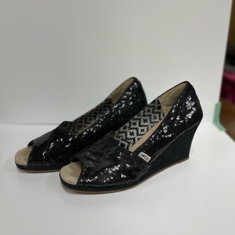 Ron Tomson Black Sequin Wedge Shoes